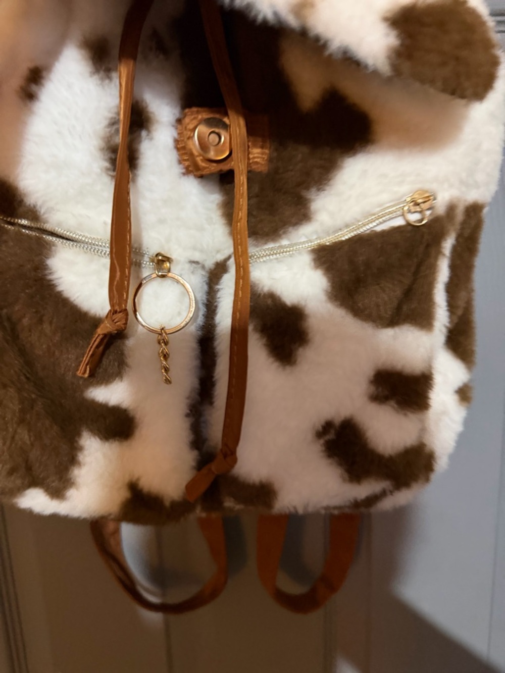 Justice Girls Faux Fur Cow Print Backpack Brown And White Sherpa Adjustable Stap - Picture 6 of 9